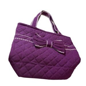 Purple Quilted Tote Bag with Bow Accent